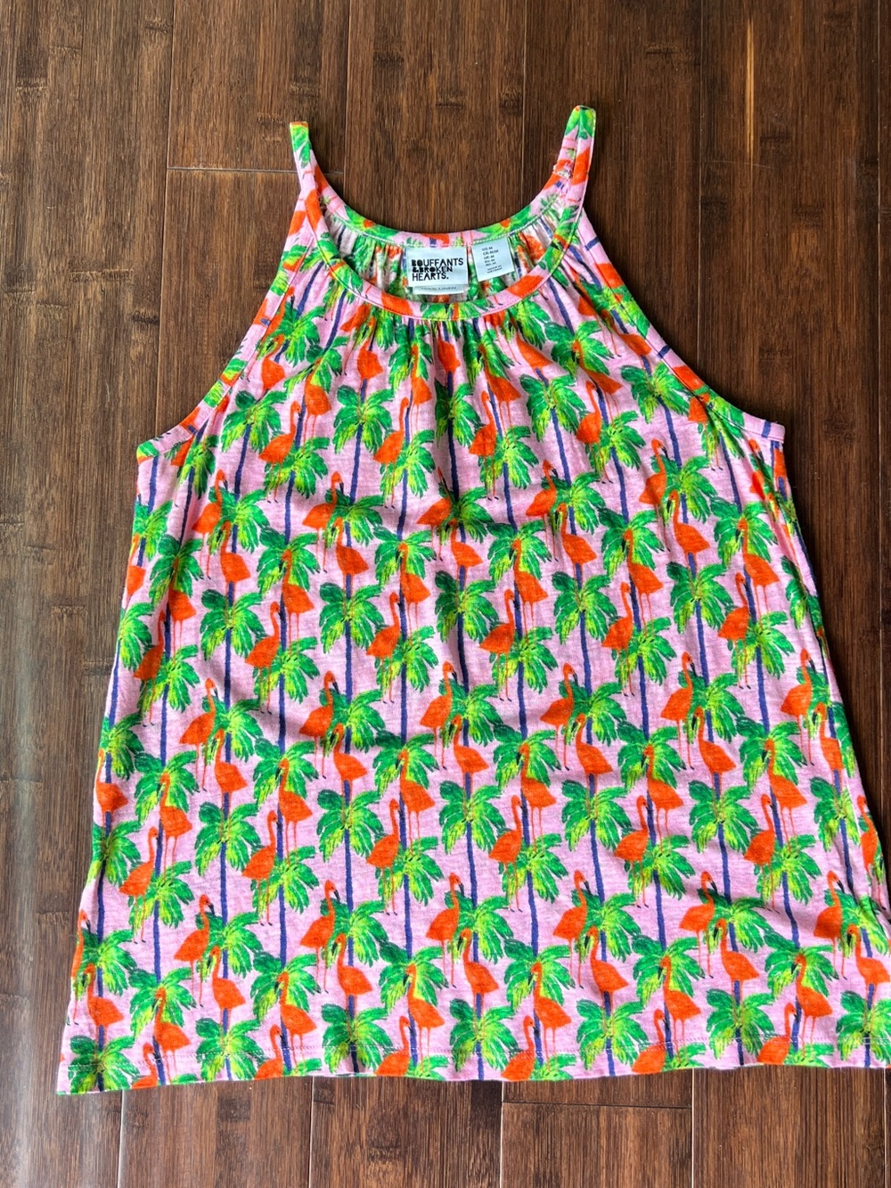 100% Linen Flowy Tropical Tank Top Pink Palm Tree Flamingo Fun! MEDIUM